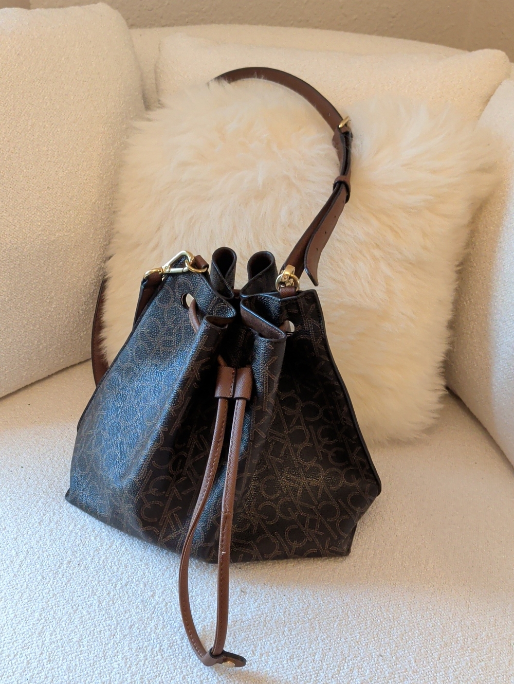 Calvin Klein, Brown Signature-Pattern Drawstring Shoulder Bag